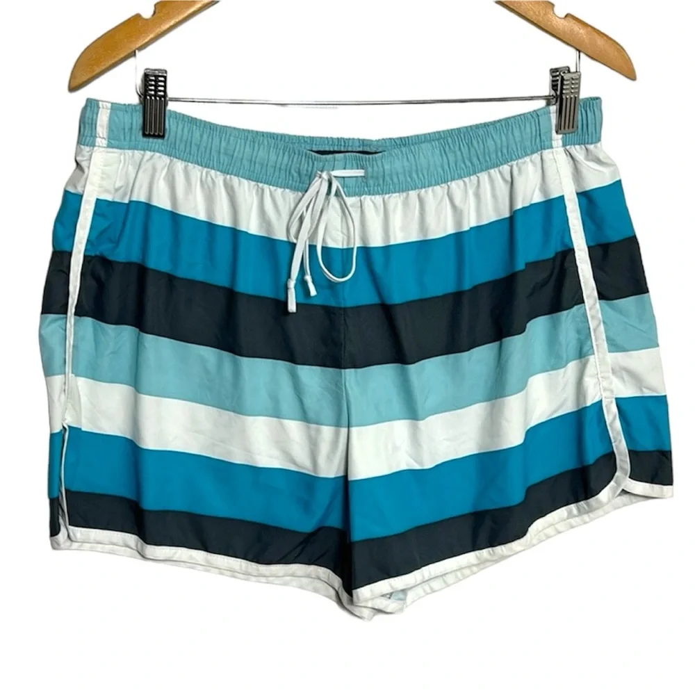 ATHLETA lined swim shorts size Large striped shorts elastic waist drawstring